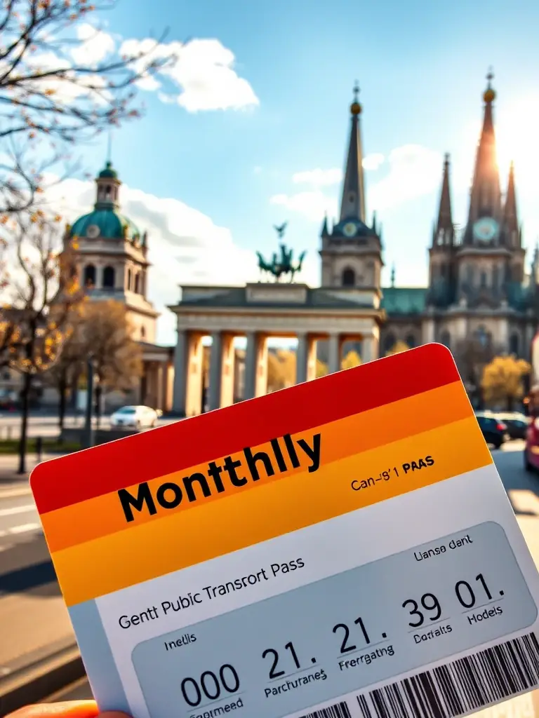 A visually appealing image showcasing a monthly public transport pass with various landmarks of a German city in the background, representing the freedom and accessibility offered by monthly passes.