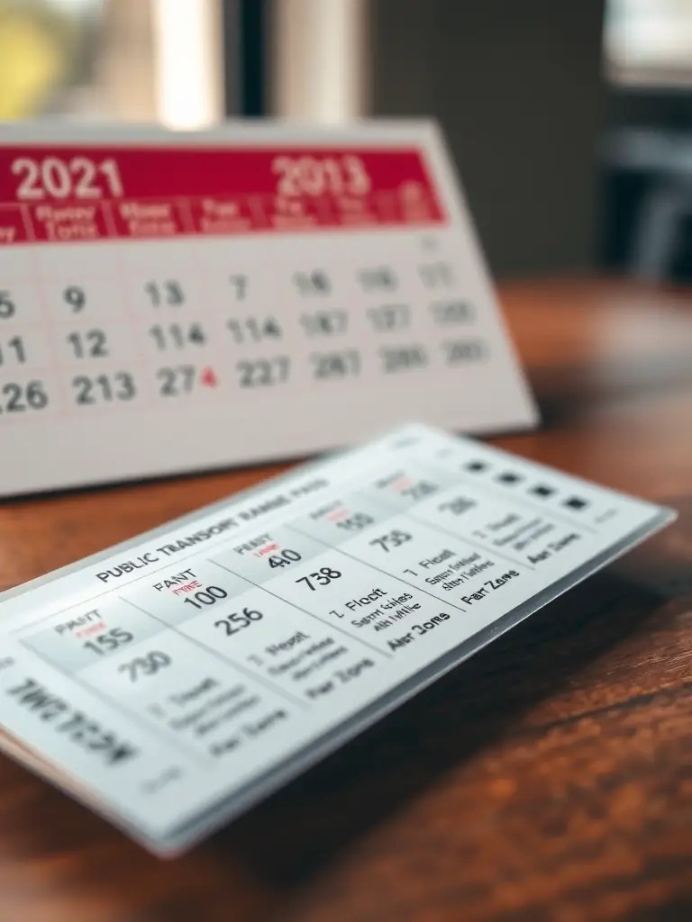 A photo of a weekly public transport pass with a calendar in the background, emphasizing the long-term savings and convenience of weekly tickets for regular commuters.