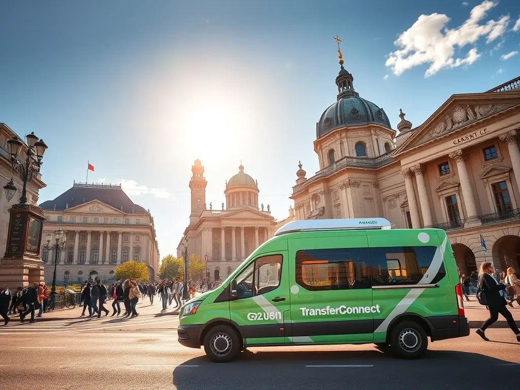 A photograph of a modern tram in Berlin, Germany, with a focus on the BVG logo and the city's urban landscape.