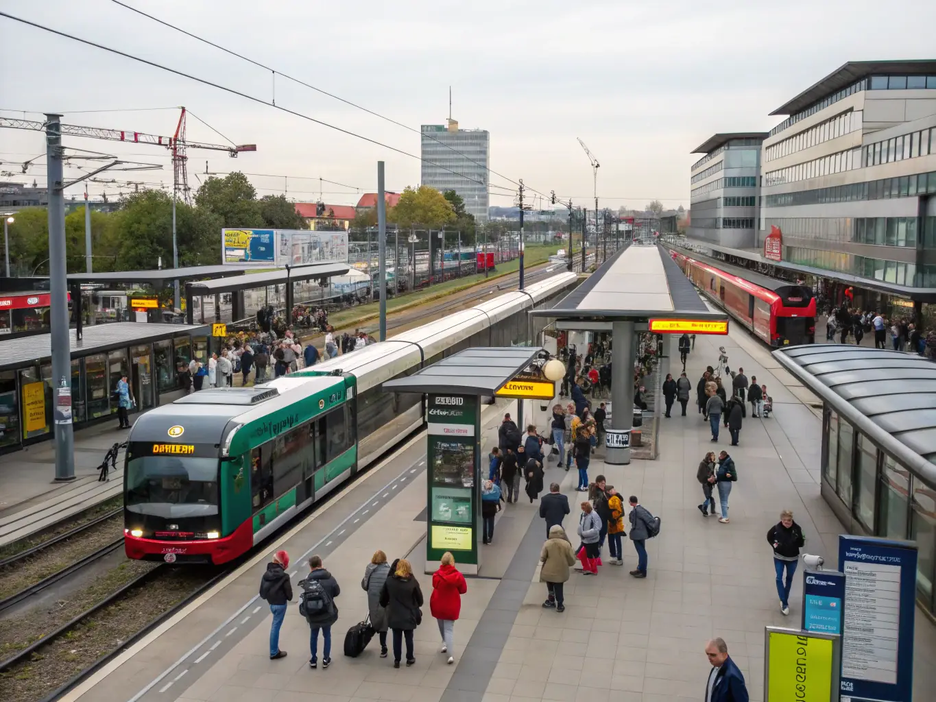 A double-decker S-Bahn train in Hamburg, highlighting the city's extensive suburban rail network, with modern carriages and a bustling station platform.